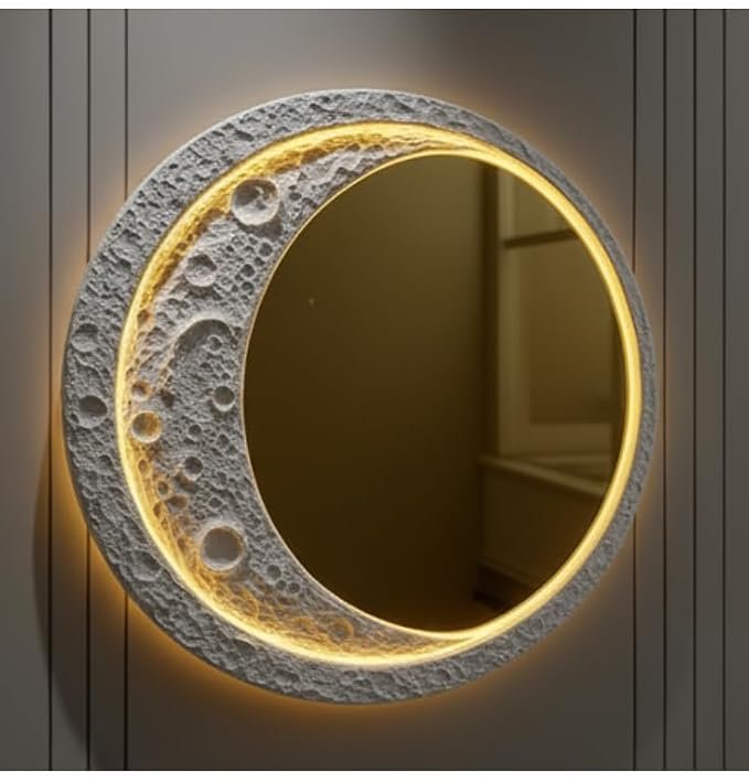 18" Lunar Glow LED Moon Mirror – Round Backlit Wall Mirror with Textured Craters & Warm White Light for Bedroom & Living Room