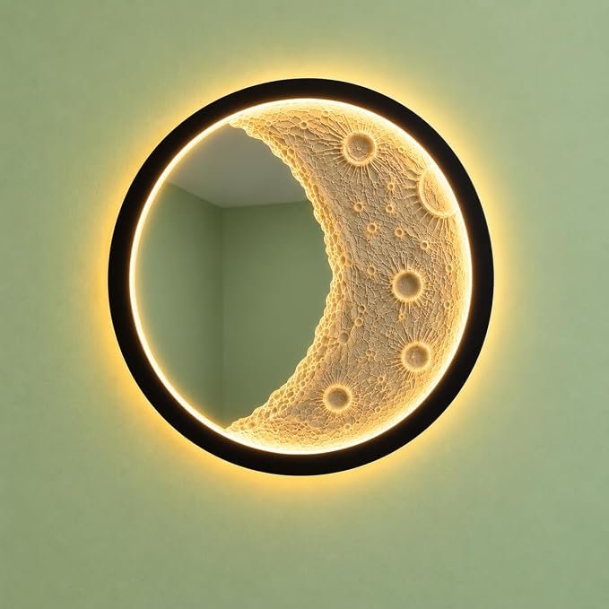 Moon Mirror LED Wall Decor, Crescent Moon Design with Warm LED Backlight, Matte Black Round Frame, Modern Celestial Wall Mirror - Image 2