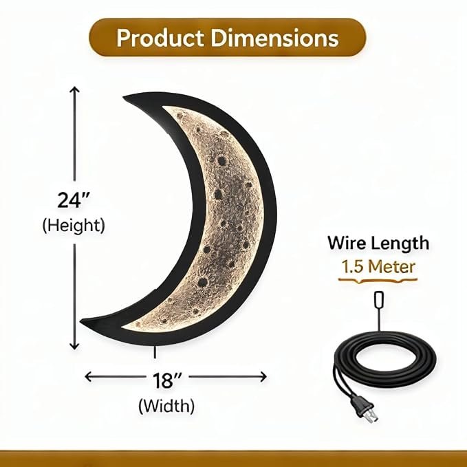 Half Moon Wall Lamp LED – Handcrafted Crescent Moon Light, Warm Glow Wall Decor, Wooden Base, Textured Moon Finish, Bedroom Living Room Night Light, Modern Home Decor Gift (24 Inch) - Image 3