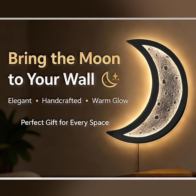 Half Moon Wall Lamp LED – Handcrafted Crescent Moon Light, Warm Glow Wall Decor, Wooden Base, Textured Moon Finish, Bedroom Living Room Night Light, Modern Home Decor Gift (24 Inch)