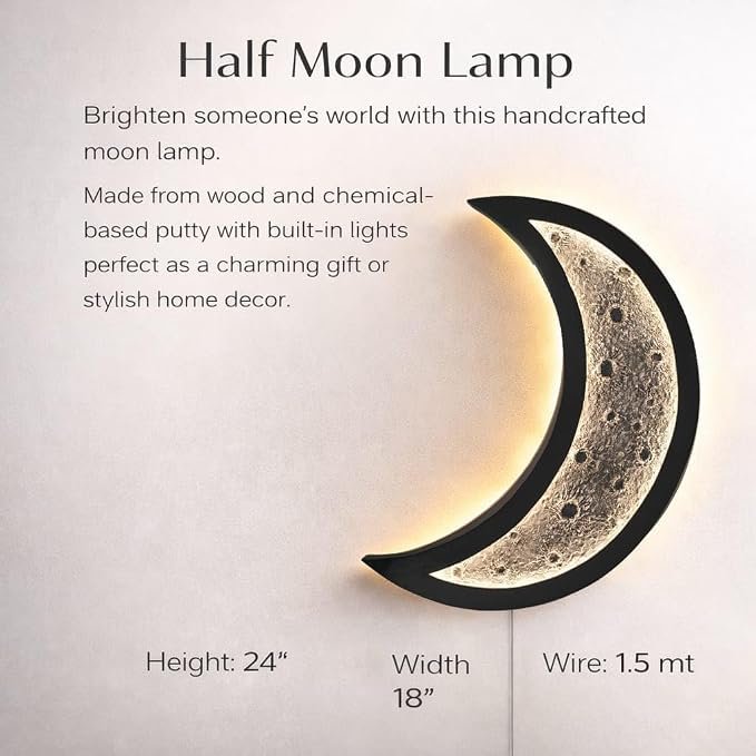 Half Moon Wall Lamp LED – Handcrafted Crescent Moon Light, Warm Glow Wall Decor, Wooden Base, Textured Moon Finish, Bedroom Living Room Night Light, Modern Home Decor Gift (24 Inch) - Image 4