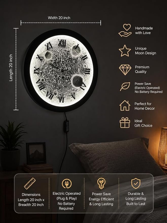 Handmade Moon Wall Clock 20 Inch Electric Power Saving Decorative Wall Clock with Roman Numerals, Unique Glowing Moon Design Clock for Living Room Bedroom Home Decor Gift - Image 2