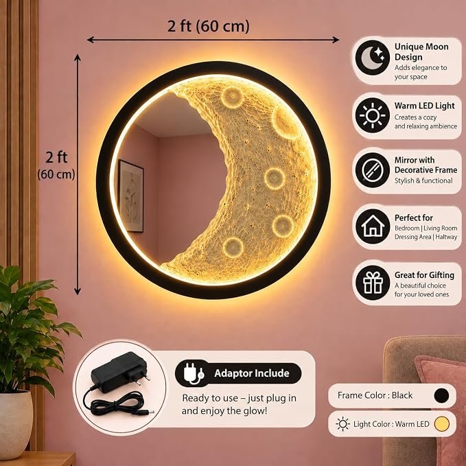 Moon Mirror LED Wall Decor, Crescent Moon Design with Warm LED Backlight, Matte Black Round Frame, Modern Celestial Wall Mirror - Image 3