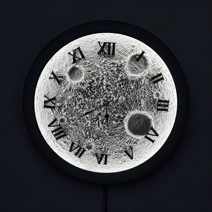 Handmade Moon Wall Clock 20 Inch Electric Power Saving Decorative Wall Clock with Roman Numerals, Unique Glowing Moon Design Clock for Living Room Bedroom Home Decor Gift - Image 3
