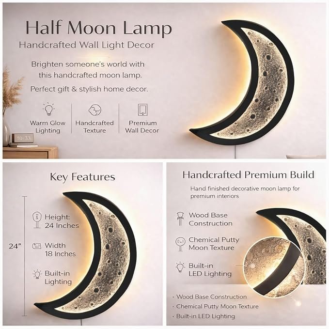 Half Moon Wall Lamp LED – Handcrafted Crescent Moon Light, Warm Glow Wall Decor, Wooden Base, Textured Moon Finish, Bedroom Living Room Night Light, Modern Home Decor Gift (24 Inch) - Image 5