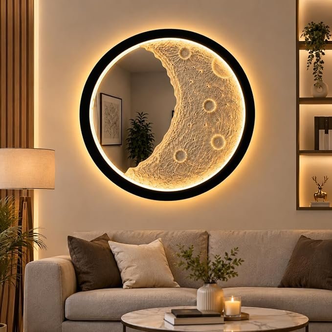 Moon Mirror LED Wall Decor, Crescent Moon Design with Warm LED Backlight, Matte Black Round Frame, Modern Celestial Wall Mirror - Image 5
