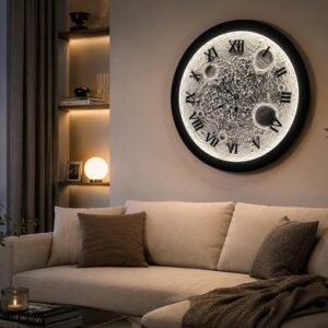 Handmade Moon Wall Clock 20 Inch Electric Power Saving Decorative Wall Clock with Roman Numerals, Unique Glowing Moon Design Clock for Living Room Bedroom Home Decor Gift