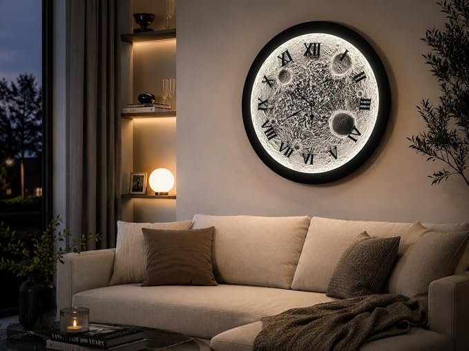 Handmade Moon Wall Clock 20 Inch Electric Power Saving Decorative Wall Clock with Roman Numerals, Unique Glowing Moon Design Clock for Living Room Bedroom Home Decor Gift