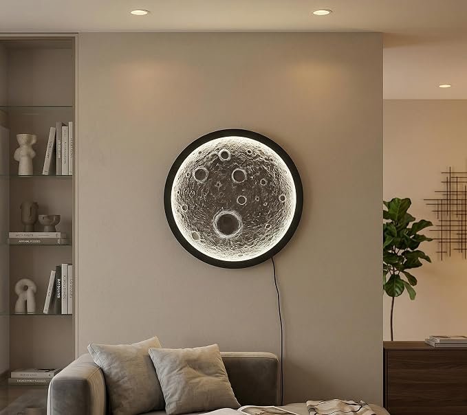 Moon Wall Light Panel, Decorative Night Light, Lunar Crater Design for for Bedrooms, Living Rooms and Offices, Home Decor in Round Shape (12 Inch)