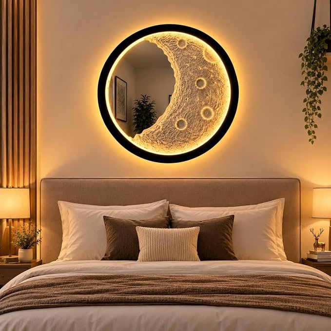 Moon Mirror LED Wall Decor, Crescent Moon Design with Warm LED Backlight, Matte Black Round Frame, Modern Celestial Wall Mirror