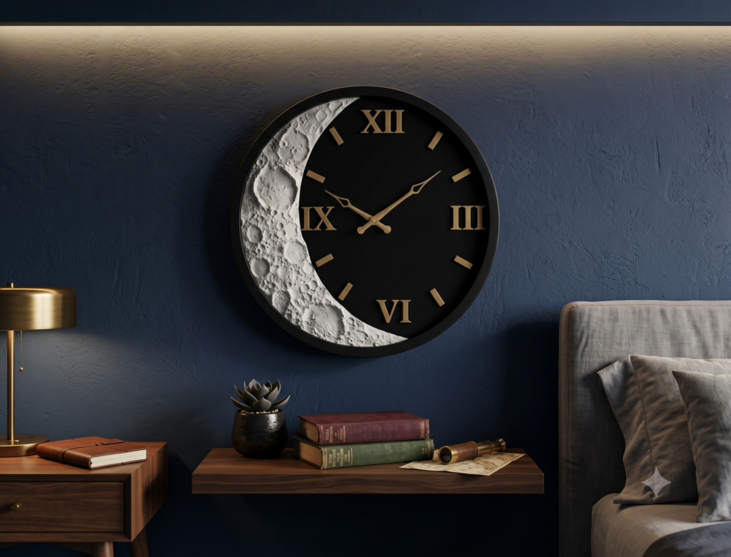 12 Inch LED Moon Phase Wall Clock, Silent Non-Ticking Wall Clock with Roman Numerals, Modern Acrylic Clock with White LED Light, Battery Operated for Living Room, Bedroom, Office
