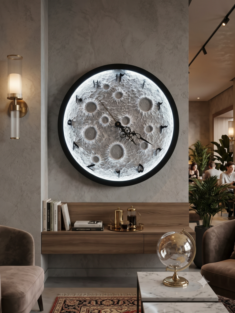 Modern Moon Design Wall Clock for Living Room Bedroom & Office Silent Non-Ticking Decorative Round Wall Clock with Urdu Numbers Contemporary Home Décor Clock for Hall Café & Hotel
