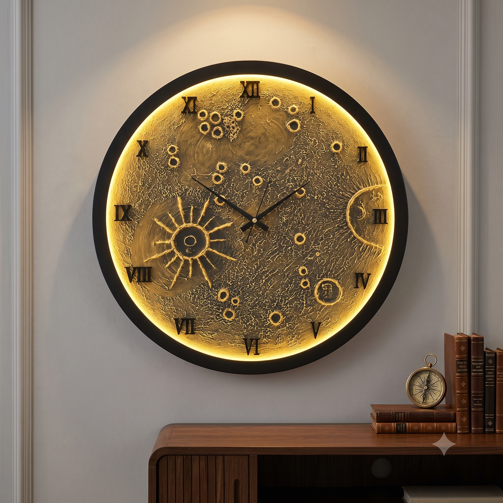 3D Moon Wall Lamp Clock with Warm White 240 LED Strip Light | Handmade Texture Wall Clock Without Glass with 1m Wire, AA Battery with Adapter | Decorative Wall Clock for Bedroom - 20 inch - Image 3