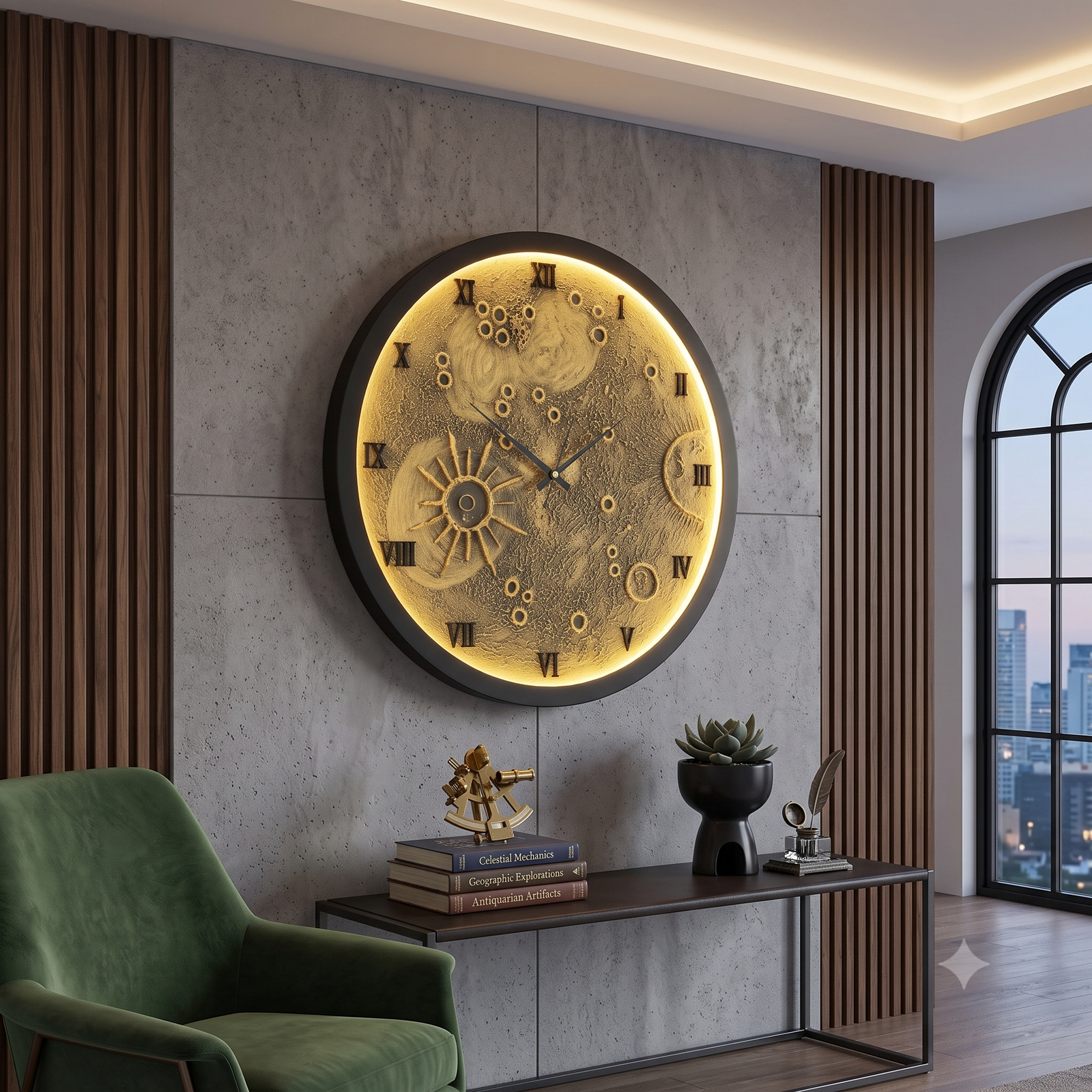3D Moon Wall Lamp Clock with Warm White 240 LED Strip Light | Handmade Texture Wall Clock Without Glass with 1m Wire, AA Battery with Adapter | Decorative Wall Clock for Bedroom - 20 inch - Image 2