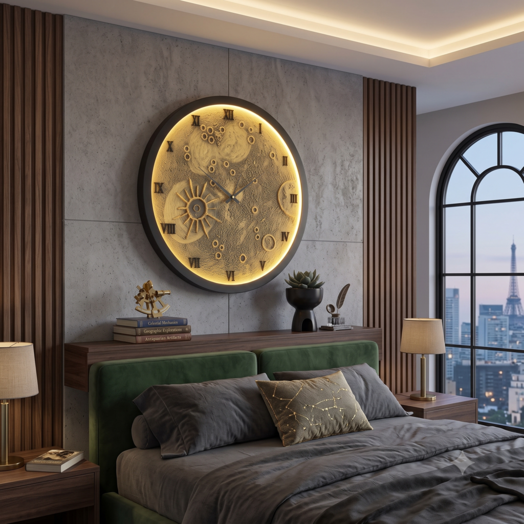 3D Moon Wall Lamp Clock with Warm White 240 LED Strip Light | Handmade Texture Wall Clock Without Glass with 1m Wire, AA Battery with Adapter | Decorative Wall Clock for Bedroom - 20 inch